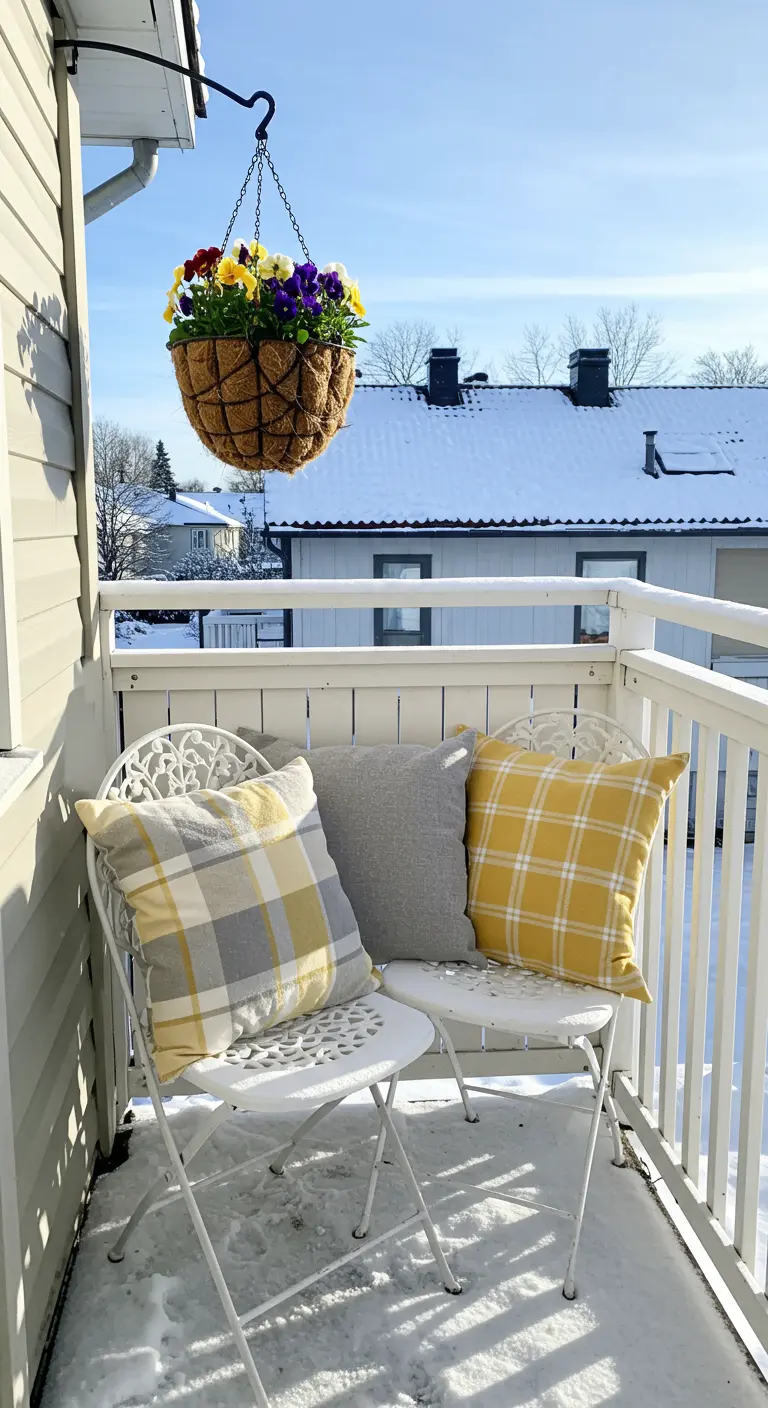 Sunny balcony with white chairs, yellow plaid pillows, and a hanging basket of pansies.