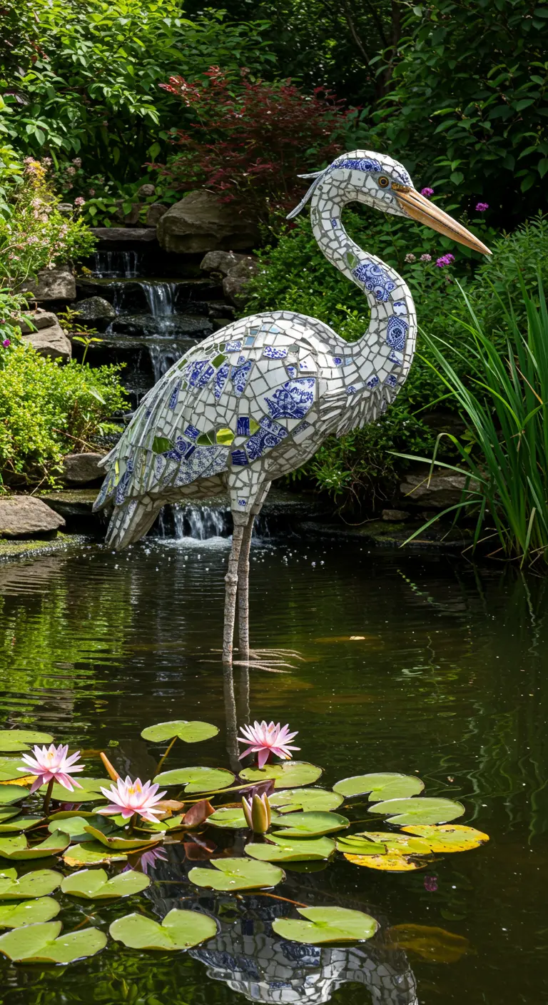 Mosaic heron sculpture with blue and white china accents standing in a lily pond.