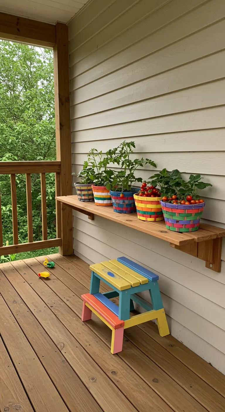 A teak shelf on a porch holding cherry tomato plants in brightly painted woven baskets.