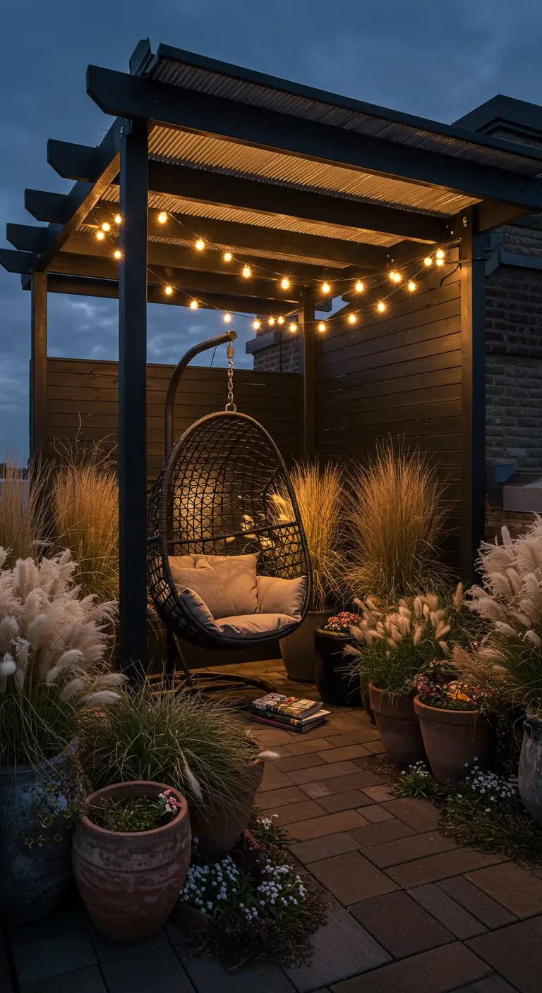 A cozy rooftop corner at night with a hanging egg chair surrounded by pampas grass and other plants.