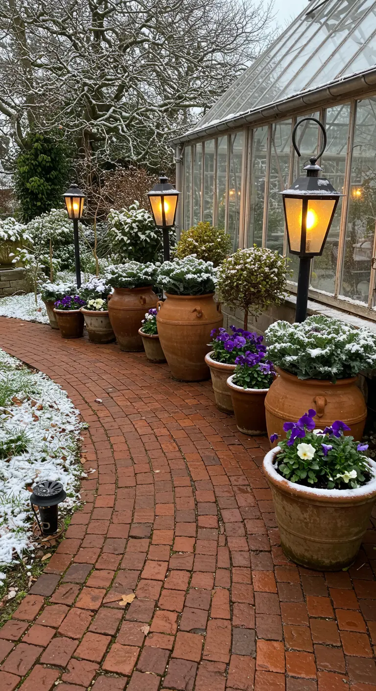 A curving brick path by a greenhouse, lined with terracotta pots of pansies in the snow.