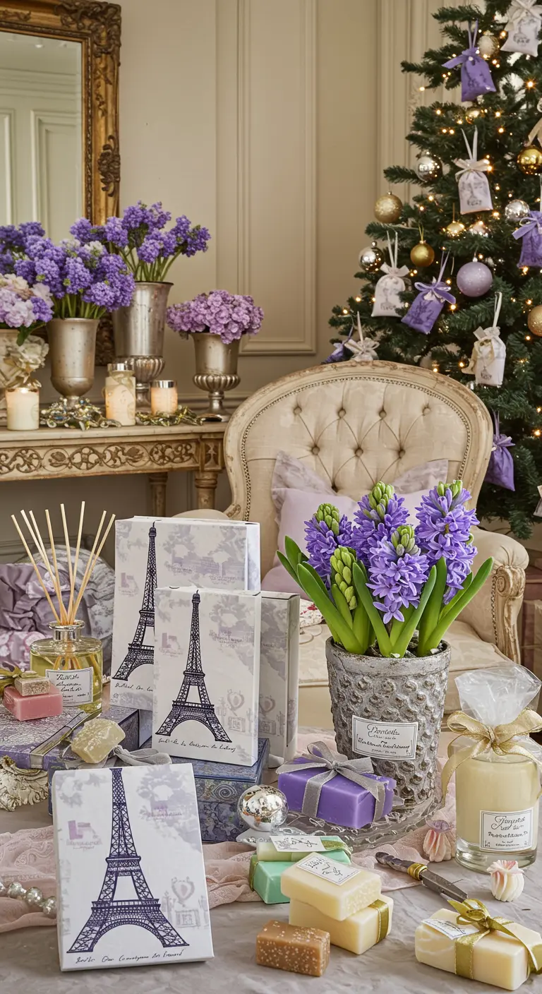 A favor table with lavender-themed gifts in Eiffel Tower boxes, soaps, and potted hyacinths