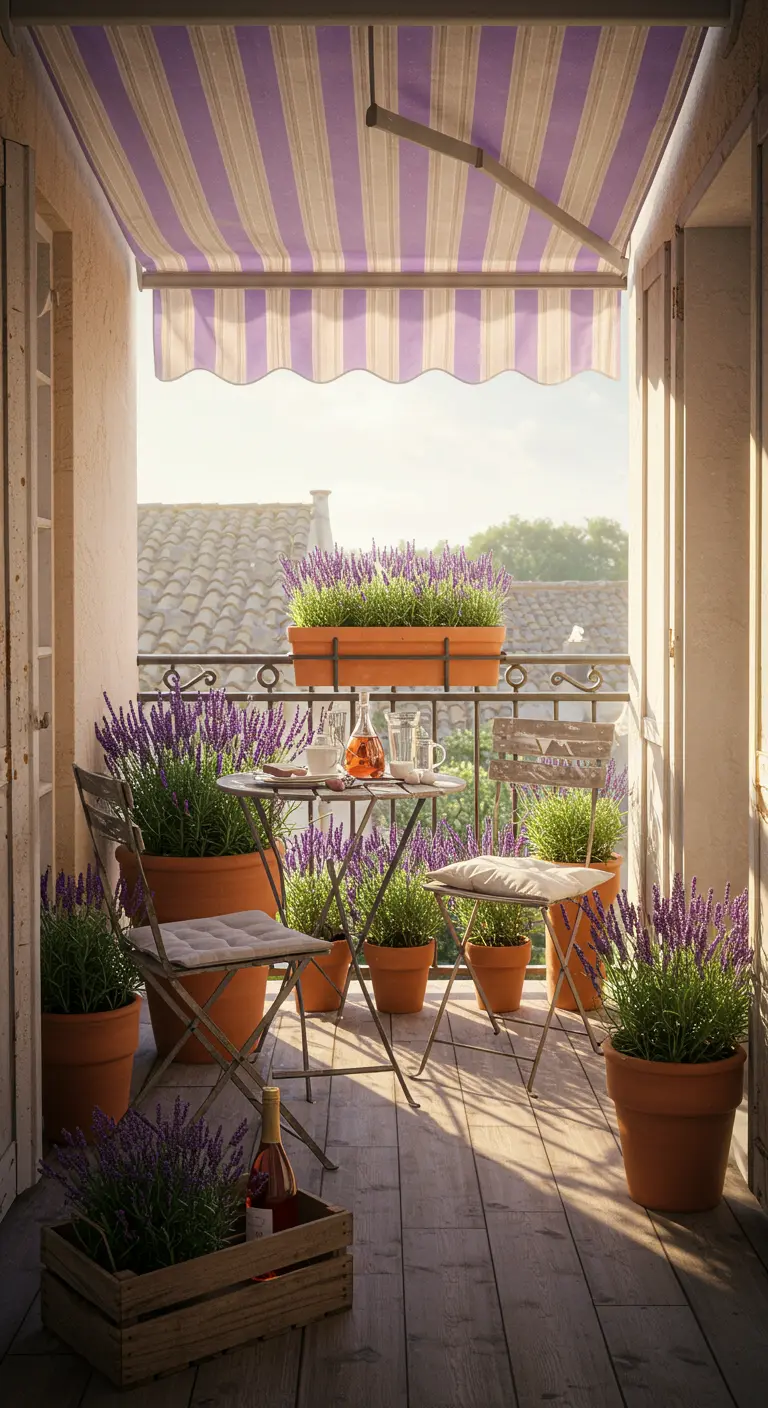 A balcony overflowing with lavender in pots, crates, and planters under a purple awning.