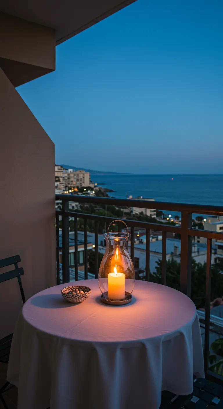 Small balcony table with a white cloth and a single candle in a hurricane lamp at night.