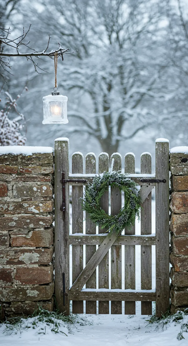 A single ice lantern hangs near a rustic wooden gate with a simple evergreen wreath.