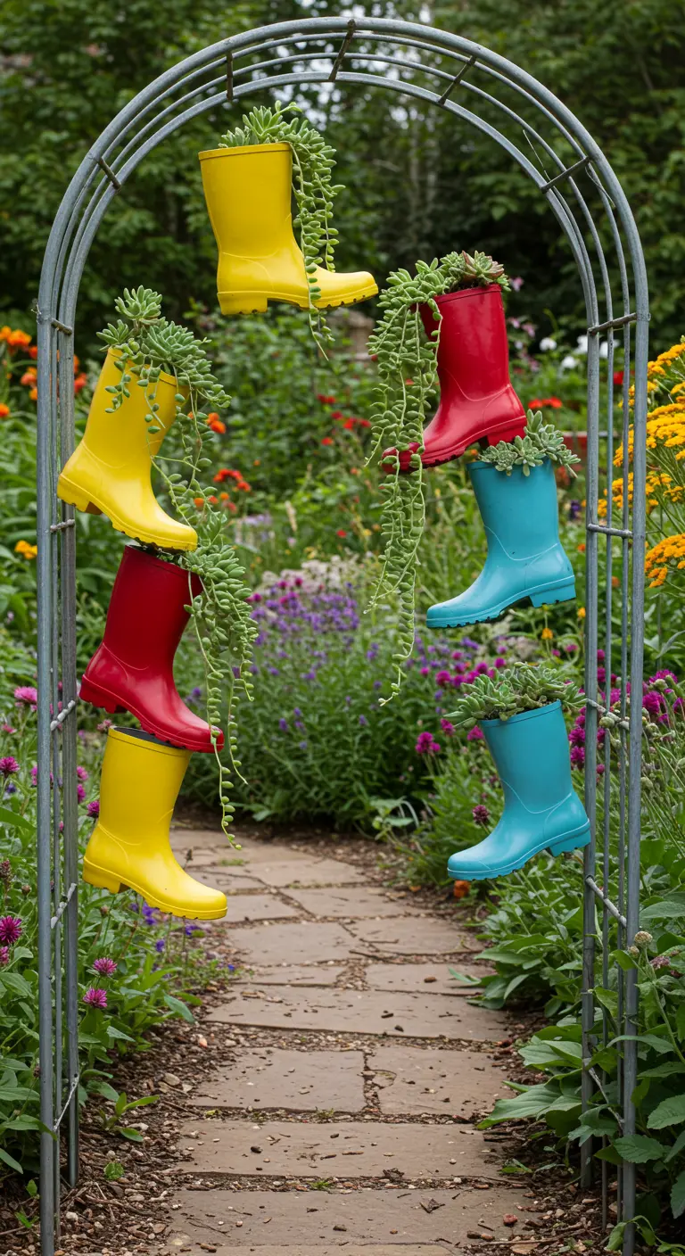 Colorful rain boots with cascading succulents hanging from a galvanized metal garden arch.