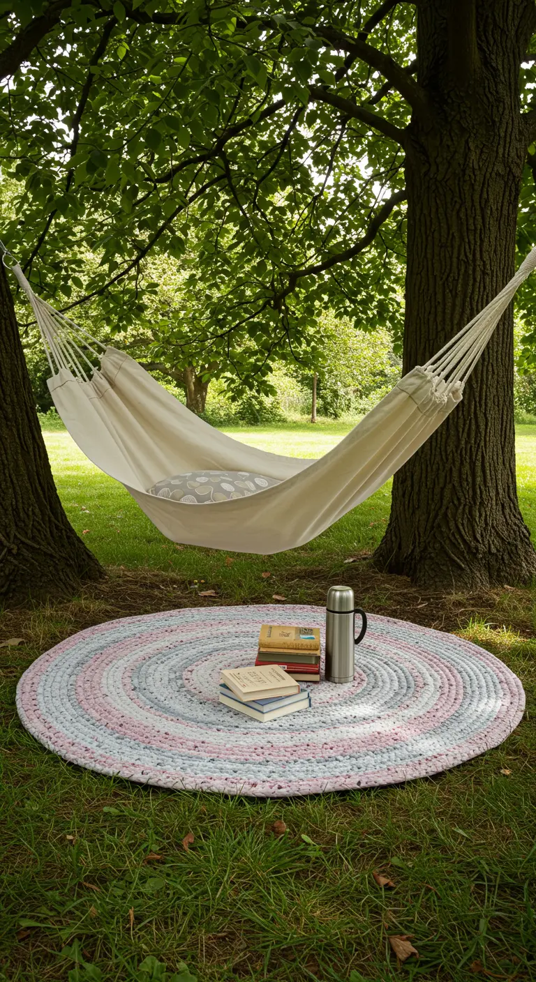 A round pastel-colored rug on the grass under a hammock strung between two trees.