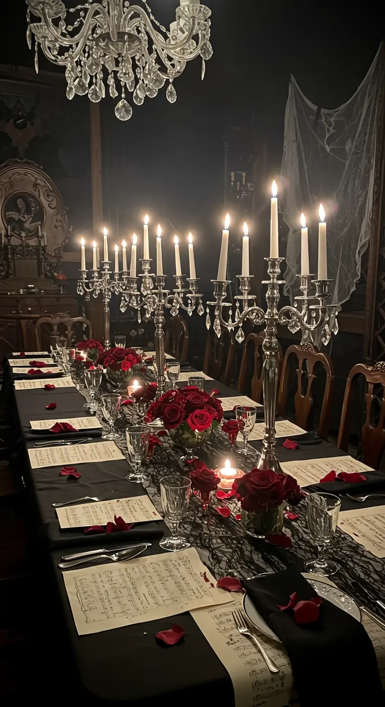 A Halloween tablescape using sheet music as placemats with scattered red rose petals.