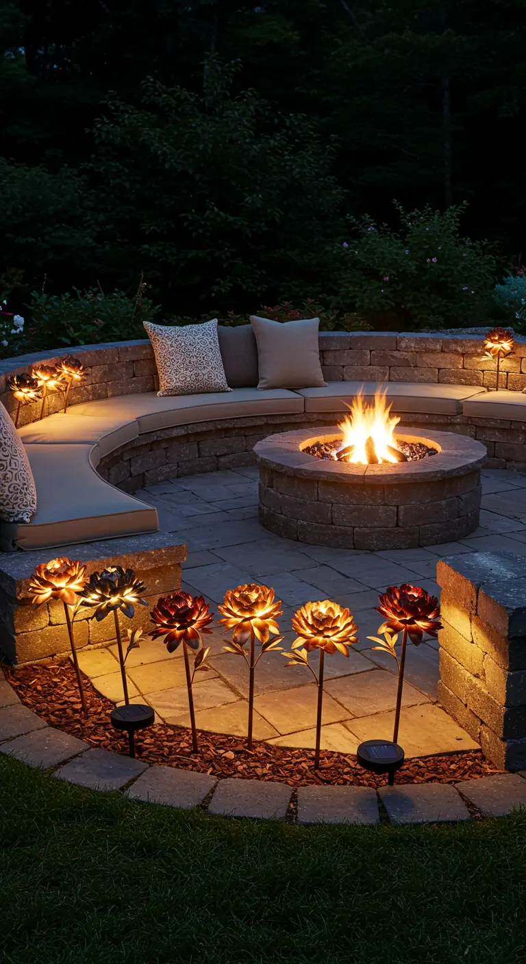 Warm, copper-colored solar rose lights surrounding a stone fire pit and seating area.
