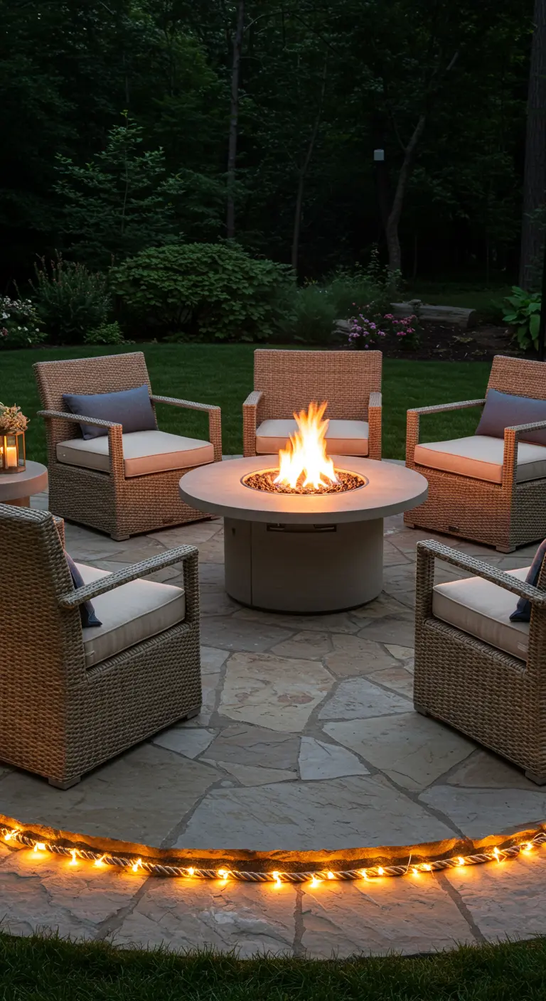 Wicker chairs around a fire pit, with a circle of rope light on the flagstone patio.
