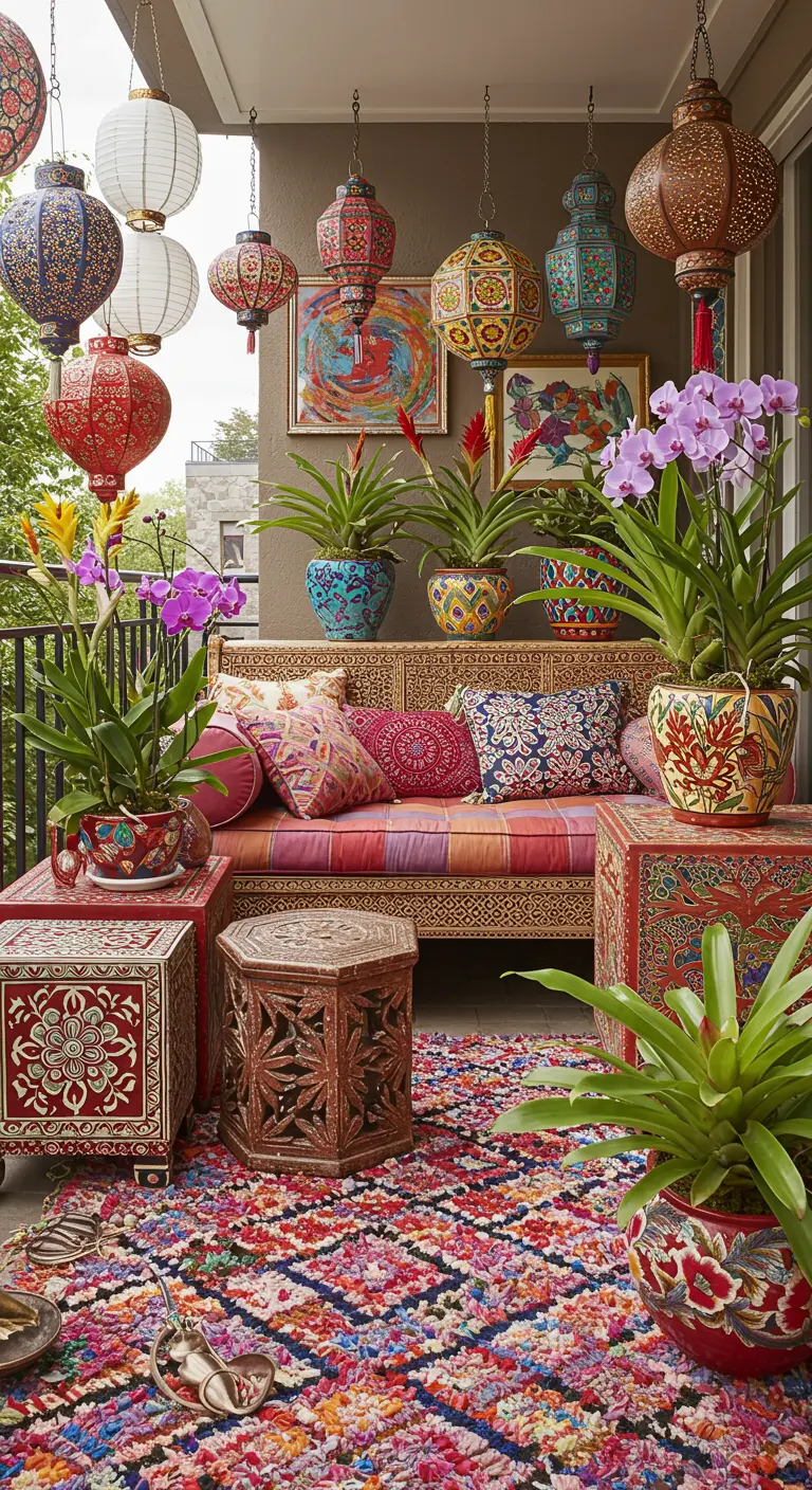 A maximalist boho balcony with a colorful rag rug, painted furniture, and hanging paper lanterns.