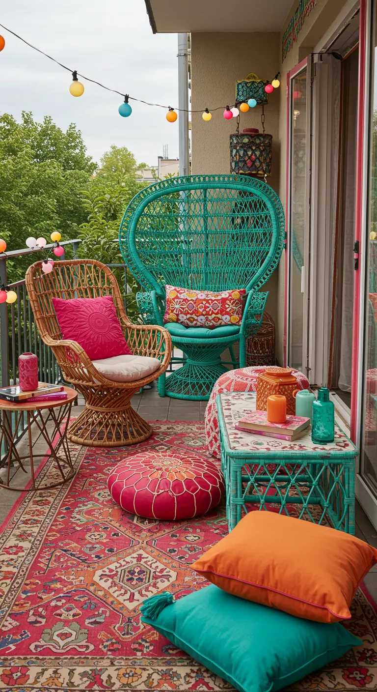 A colorful balcony with a turquoise peacock chair, pink pouf, and brightly patterned rug.