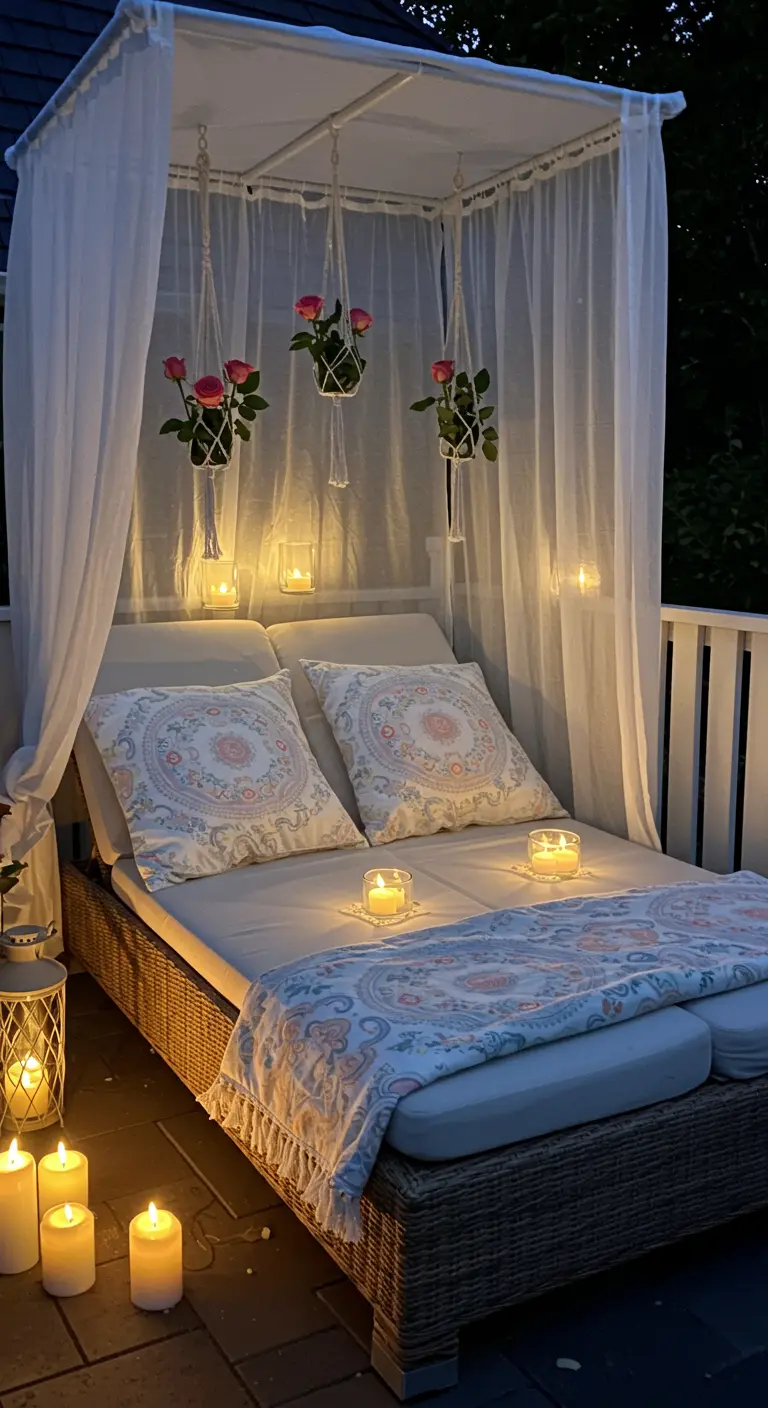 A canopied daybed at night, decorated with hanging roses and candles.