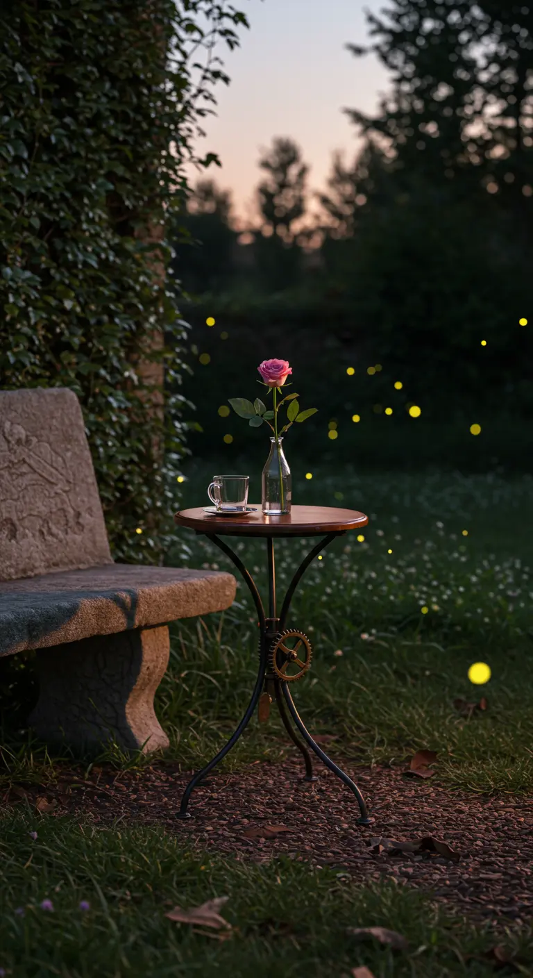 Delicate industrial table with a single rose in a vase, next to a stone bench at twilight.
