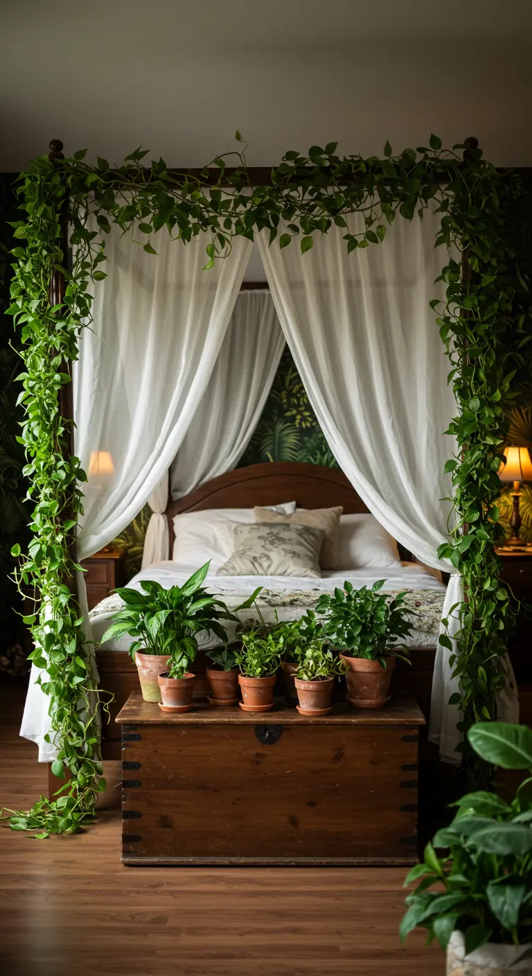 Canopy bed draped with white curtains and climbing green vines, creating a romantic look.