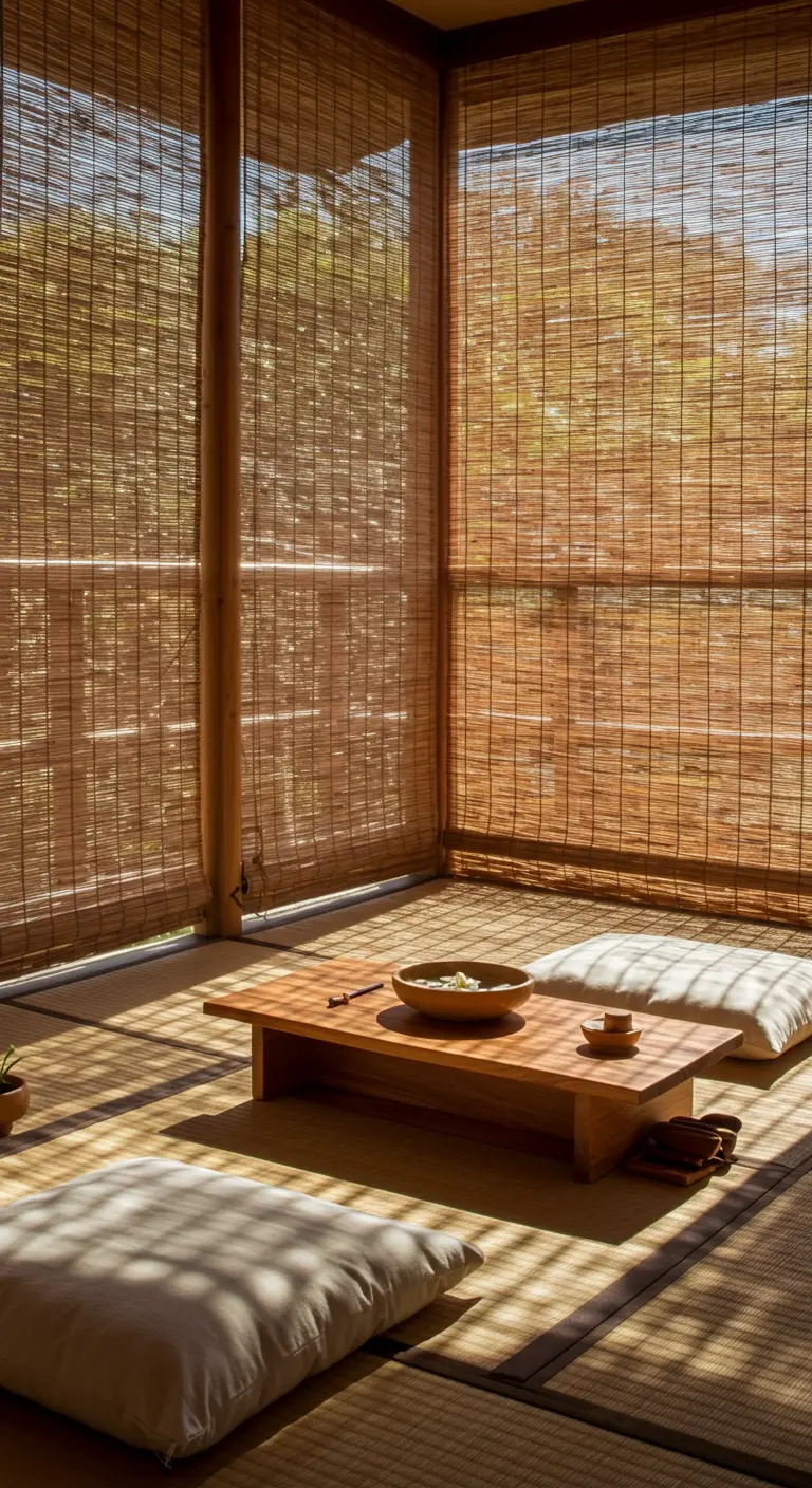 A sun-filled balcony room entirely enclosed by bamboo blinds, with tatami mats on the floor.