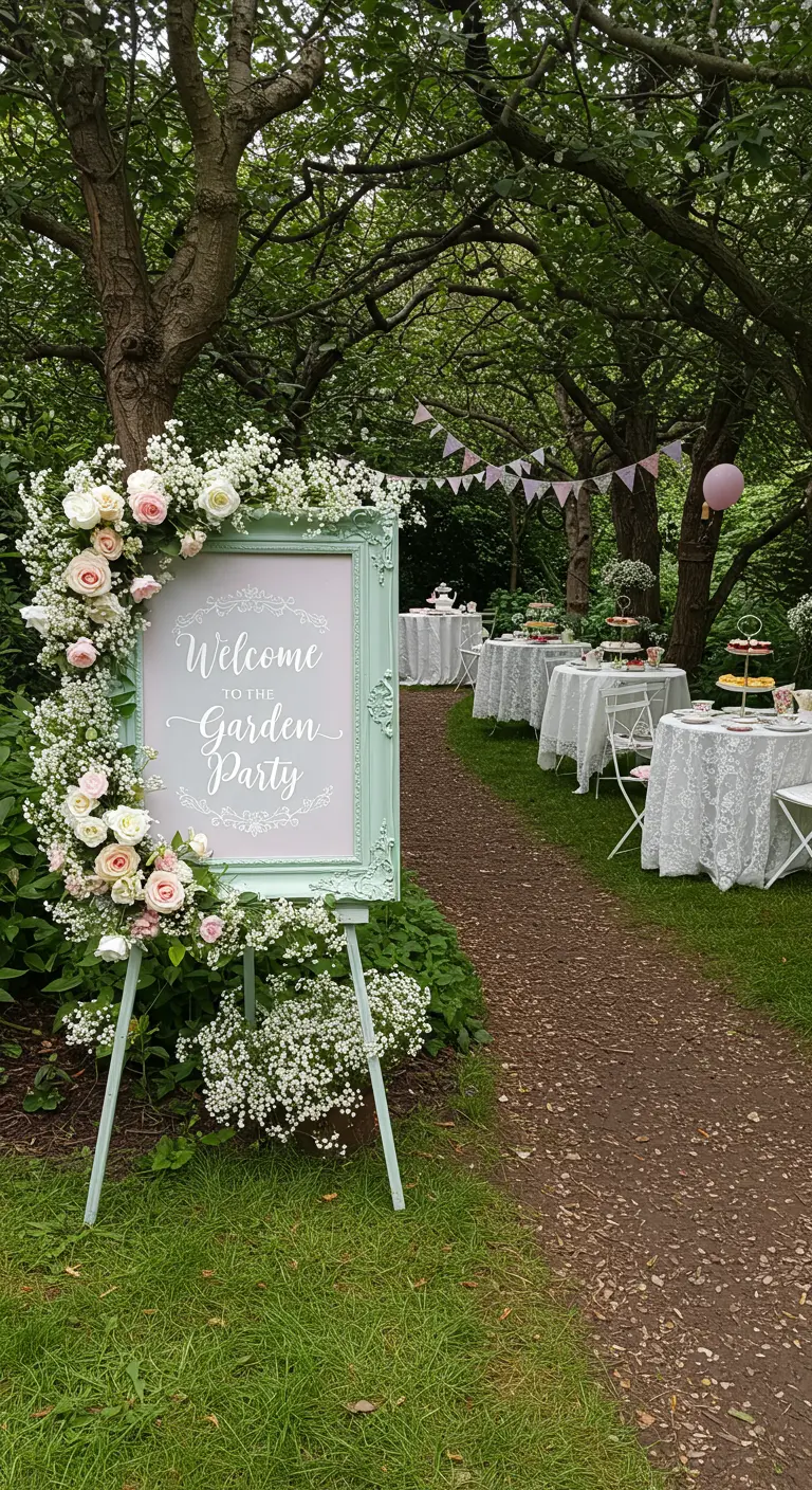 An elegant mint green framed sign for a garden party, decorated with pink and white roses.
