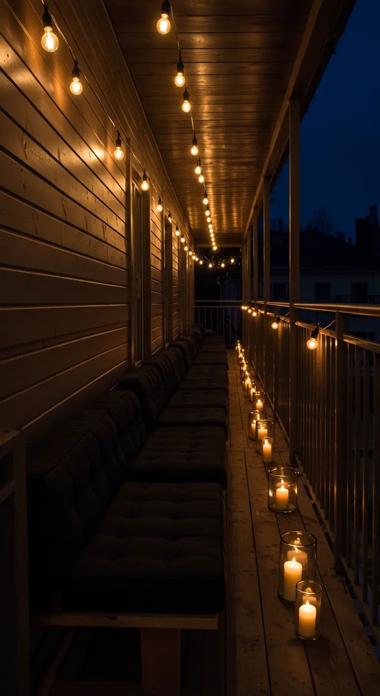 A long balcony at night with a row of tufted benches and a line of candles in glass jars on the floor.
