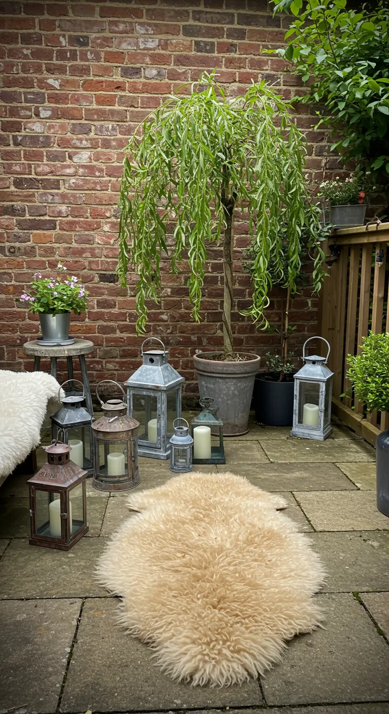 A brick patio with a potted weeping willow tree, assorted lanterns, and a sheepskin rug.