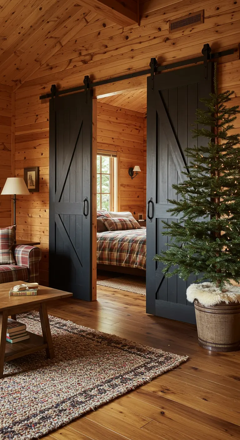 Rustic cabin interior with black barn doors set against wood-paneled walls.
