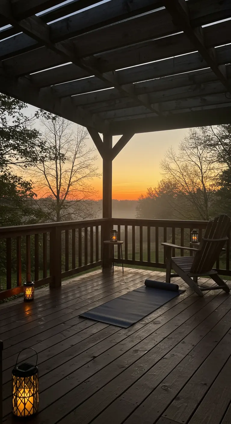 A yoga mat on a wooden deck under a pergola at sunrise, with small lanterns on the floor.
