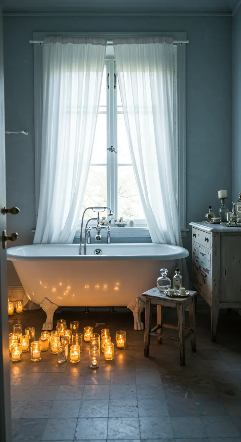 Clawfoot tub surrounded by candles in glass jars, with sheer curtains on the window.