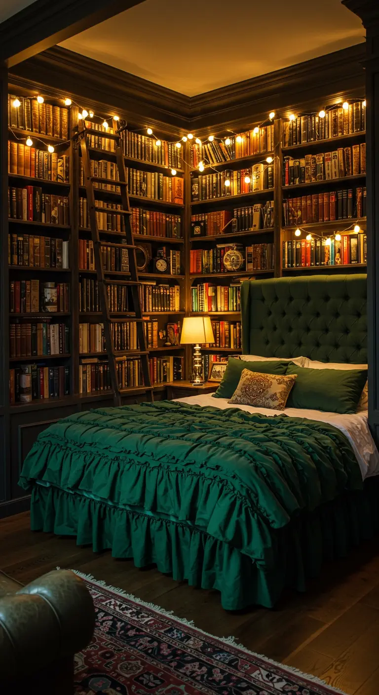 Bedroom with floor-to-ceiling bookshelves, a green tufted bed, and string lights.