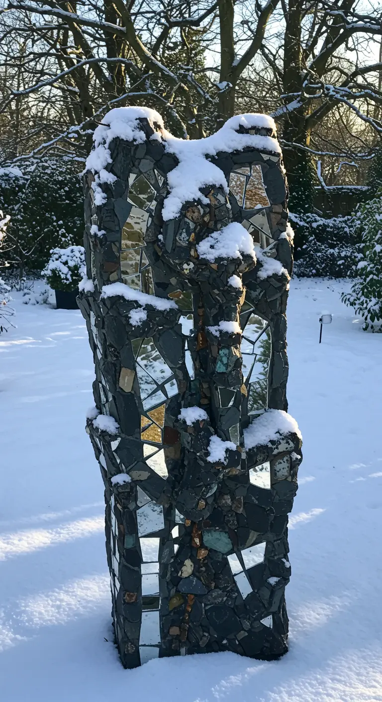 An abstract mosaic sculpture of dark stone and mirror, dusted with fresh snow.