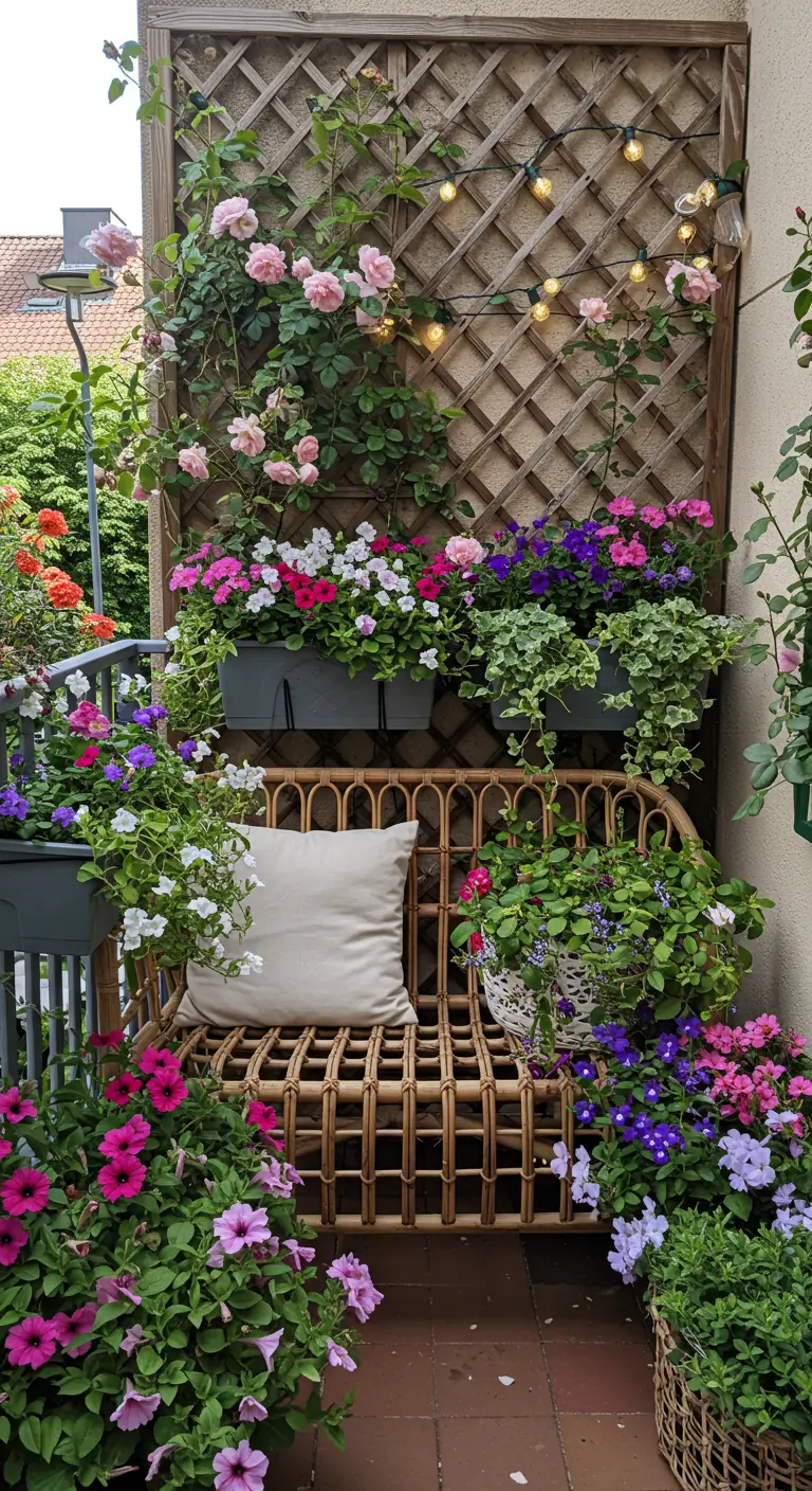 A small rattan loveseat on a balcony completely surrounded by pink and purple flowers.