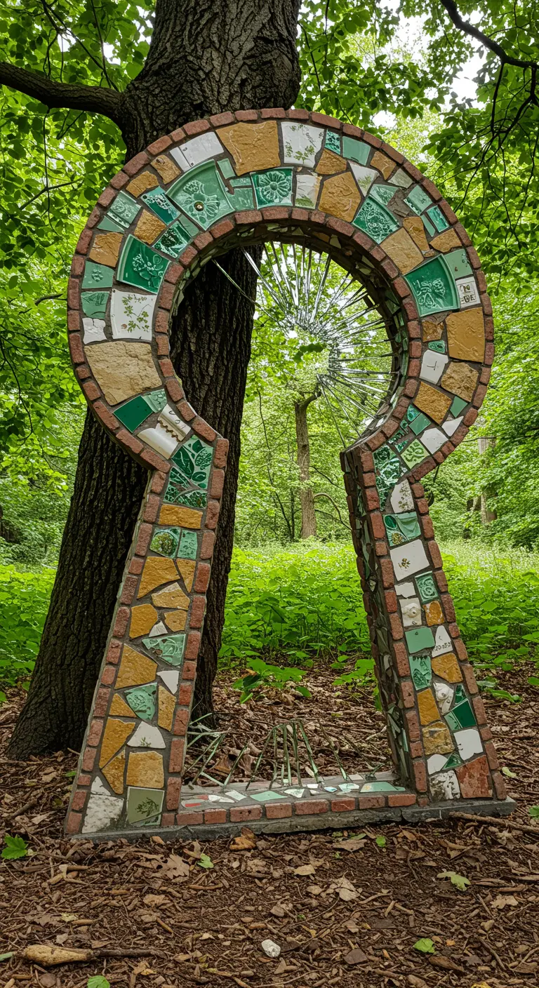 A large, keyhole-shaped mosaic sculpture made of brick and tile in a forest.