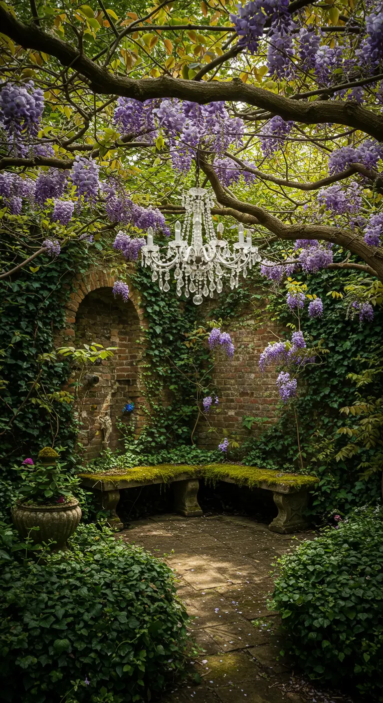 A classic crystal chandelier hangs from a wisteria-covered tree branch in a lush, hidden garden.