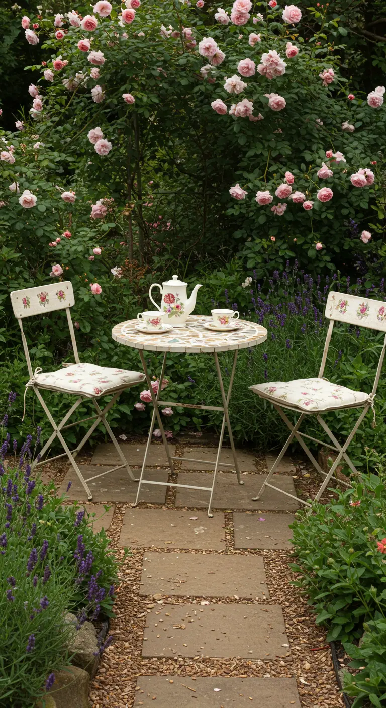 Cream-colored bistro set with floral mosaic tucked into a lush English rose garden.