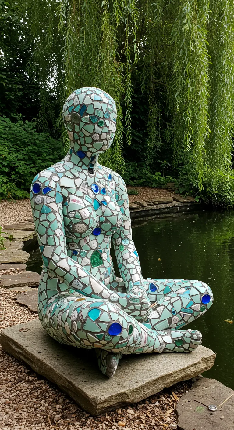 A mosaic sculpture of a person meditating, made with green tiles by a pond.