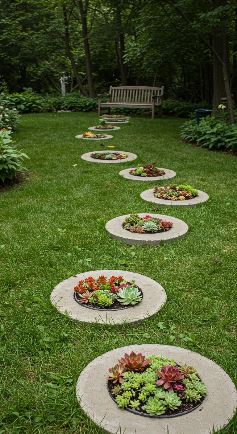 A winding path of round concrete stepping stones with succulent gardens set into a green lawn.