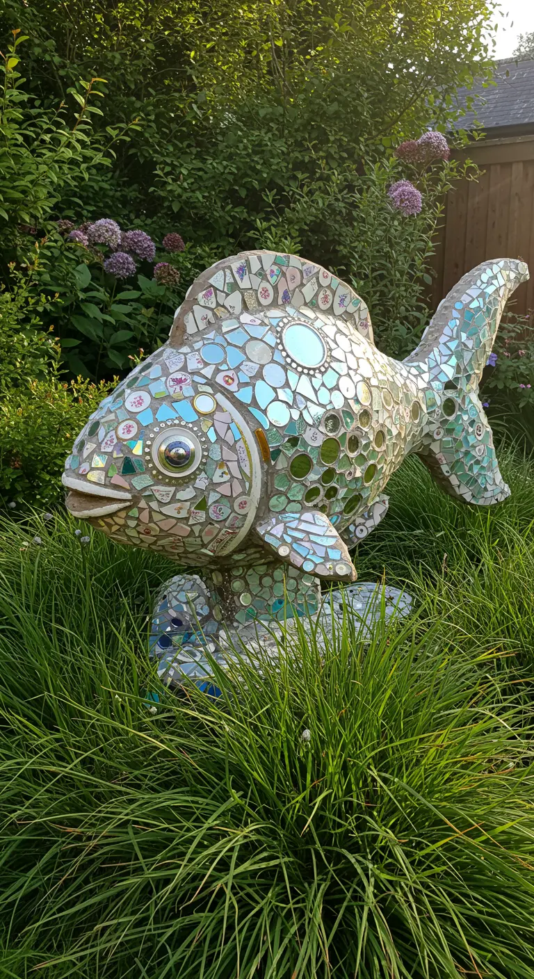 Large mosaic fish sculpture with iridescent tiles nestled in tall green grass.