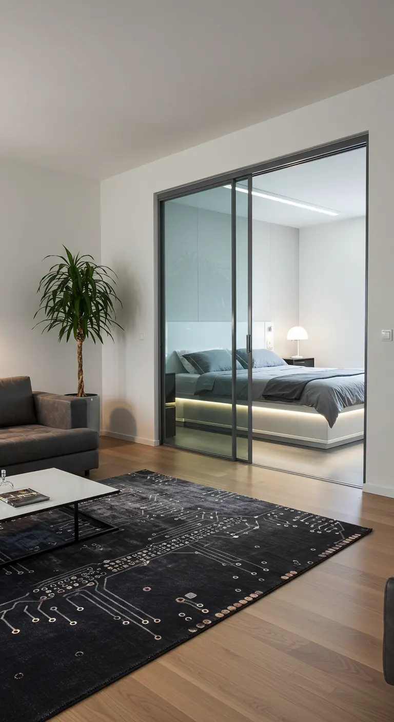 Modern apartment with a glass partition and a bed illuminated with LED lights.