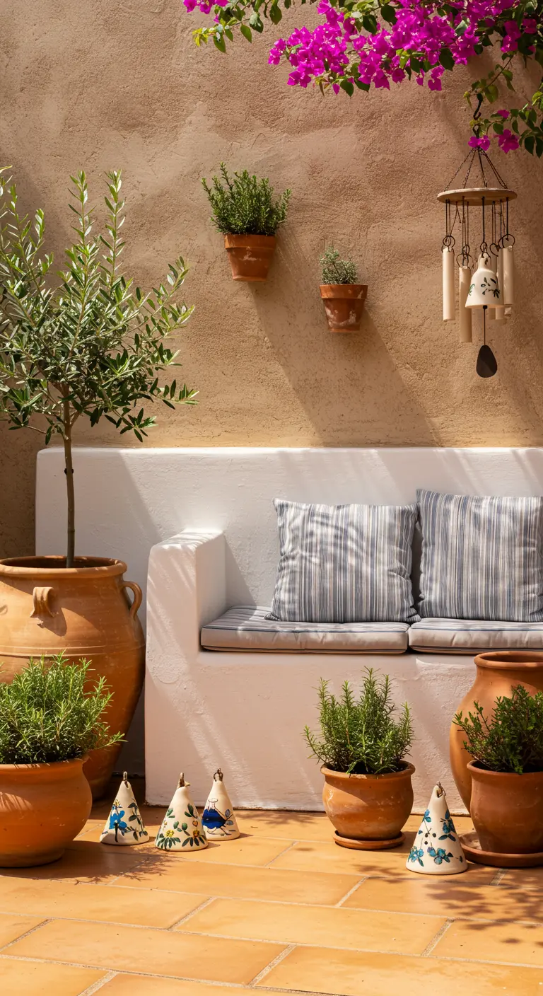 A sunny Mediterranean-style patio with a white bench, terracotta pots, and an olive tree.