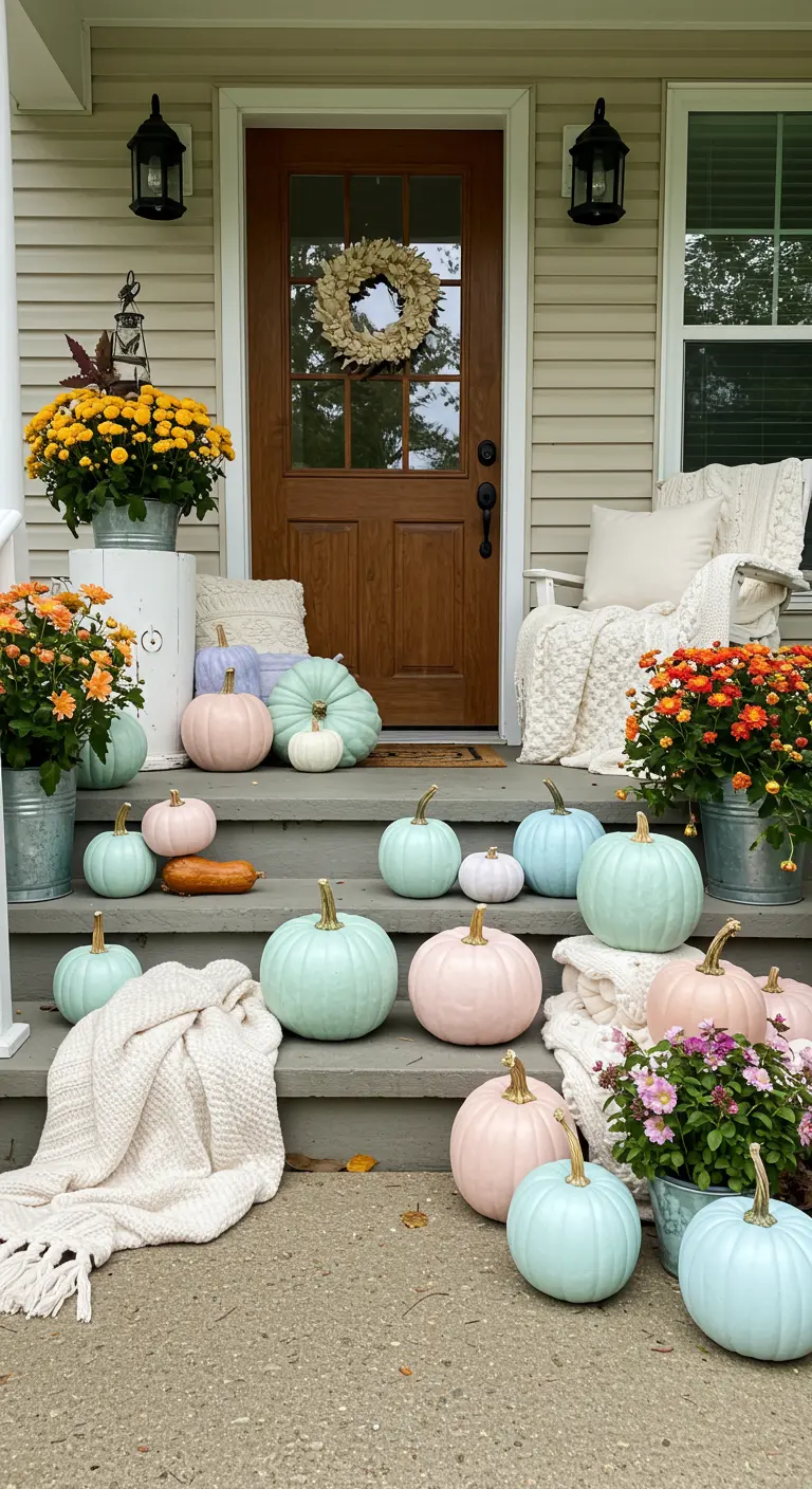 A front porch decorated with pumpkins painted in pastel pink and blue.