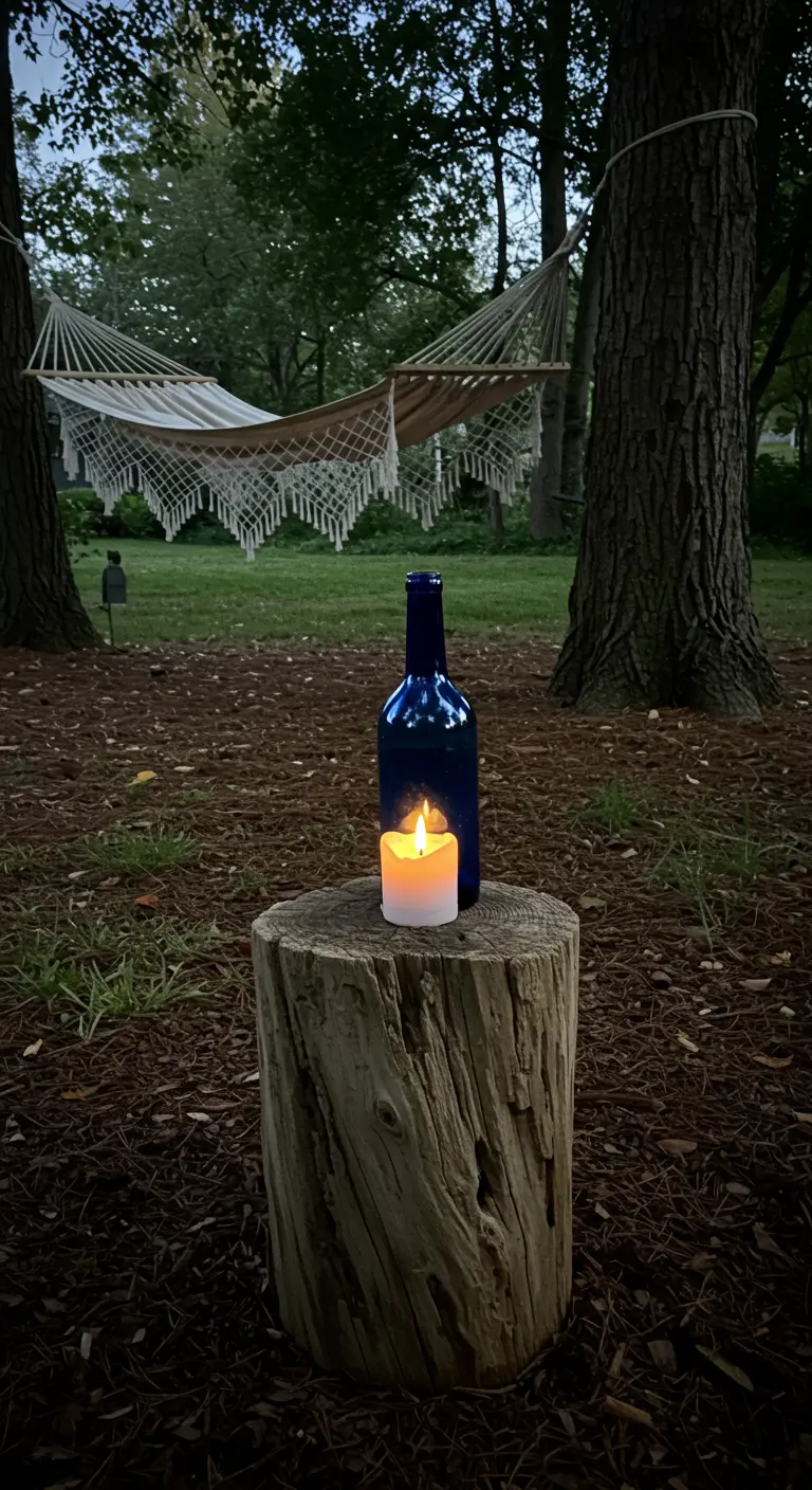 A single blue wine bottle with a lit candle sitting on a tree stump in the woods.