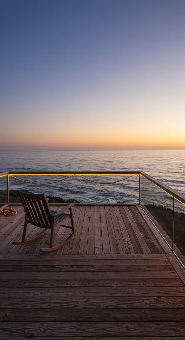 A lone rocking chair on a wooden deck facing the ocean sunset, with a rope light on the railing.