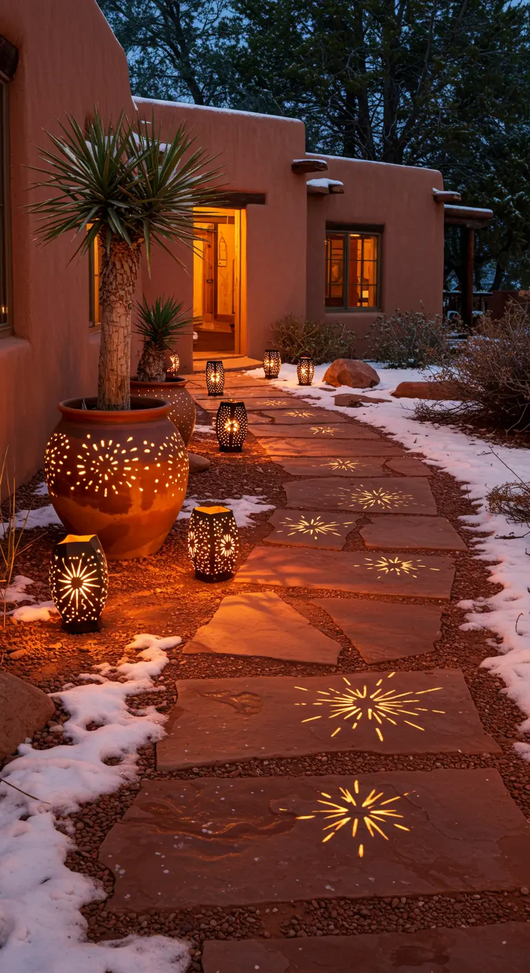 A flagstone path in the snow, lit by terracotta luminarias casting star-shaped light patterns.