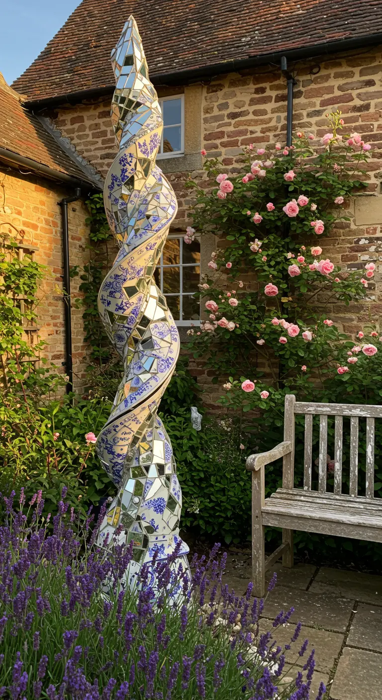Tall mosaic sculpture with blue china and mirrors, set among lavender and roses.
