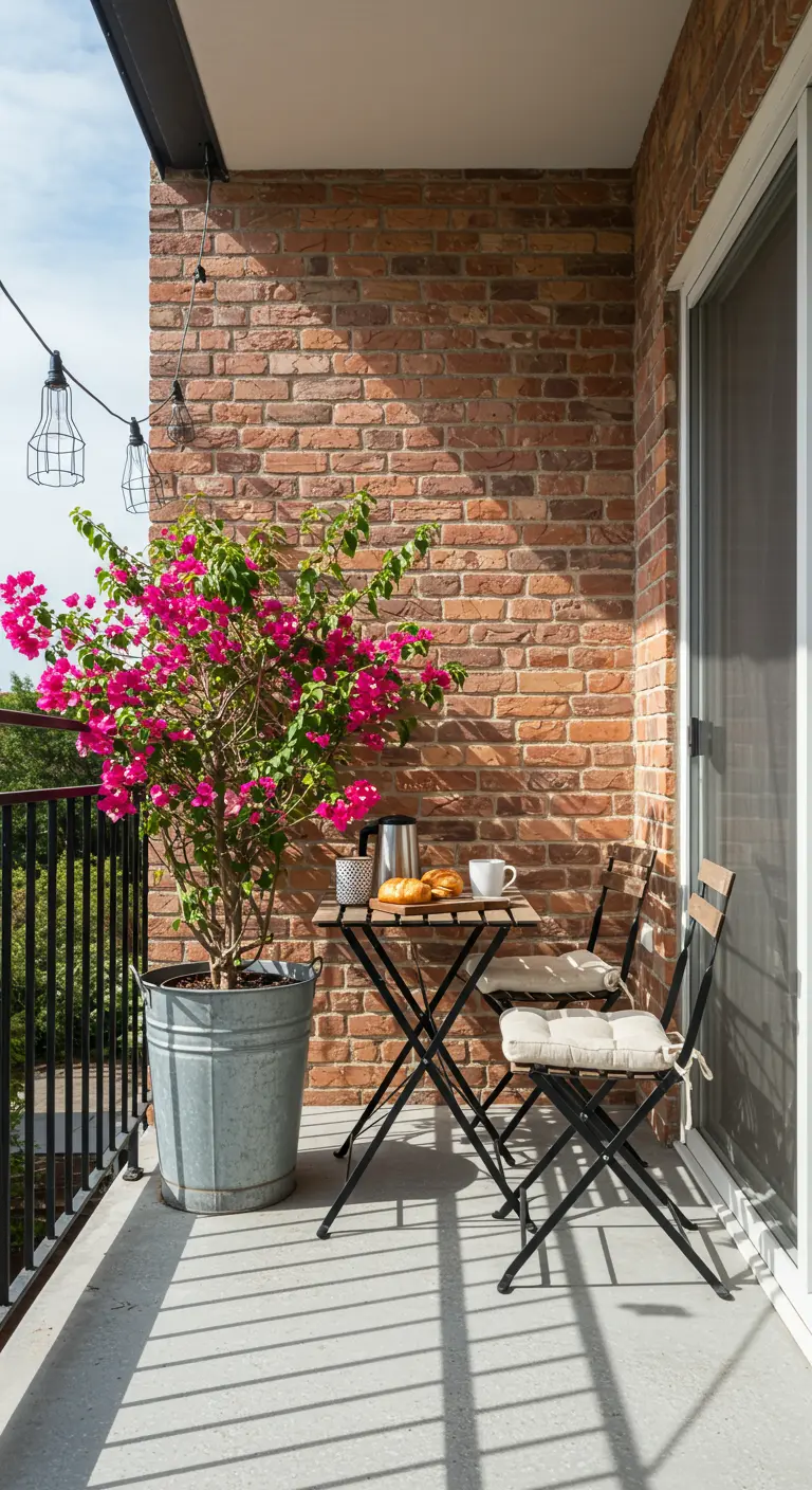 A sunny balcony with a bistro set next to a large pot of bright pink bougainvillea.
