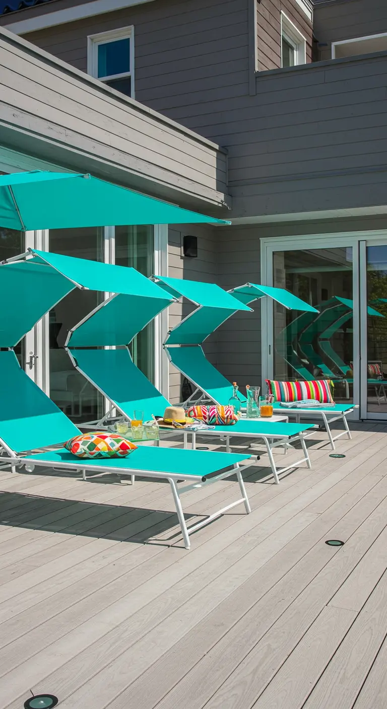 Row of bright turquoise sunbeds with zigzagging canopies on a modern gray deck.