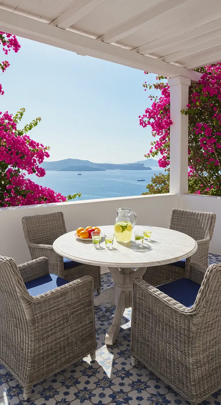 Balcony with a marble table overlooking the sea, framed by pink bougainvillea.