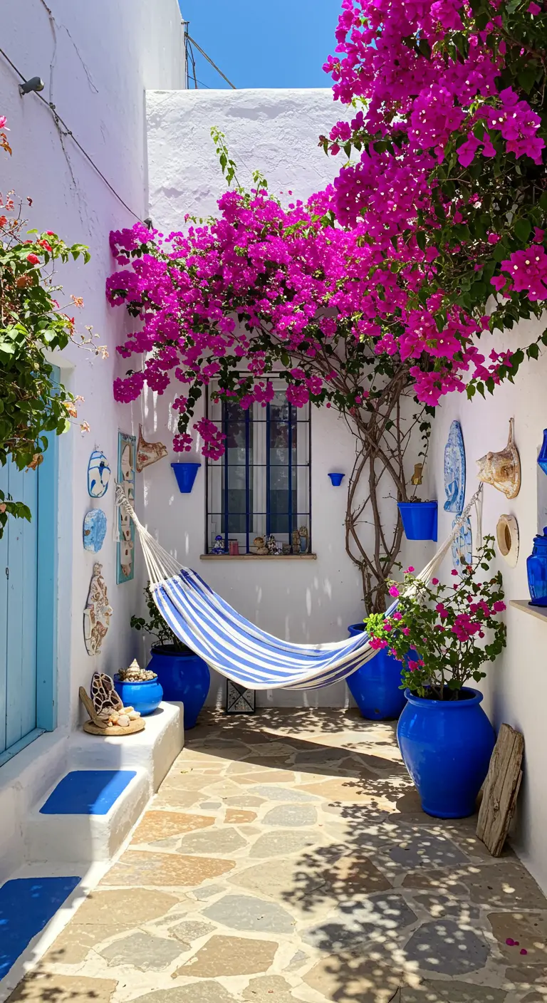 A Greek-style courtyard with a blue-and-white hammock, cobalt blue pots, and pink bougainvillea.