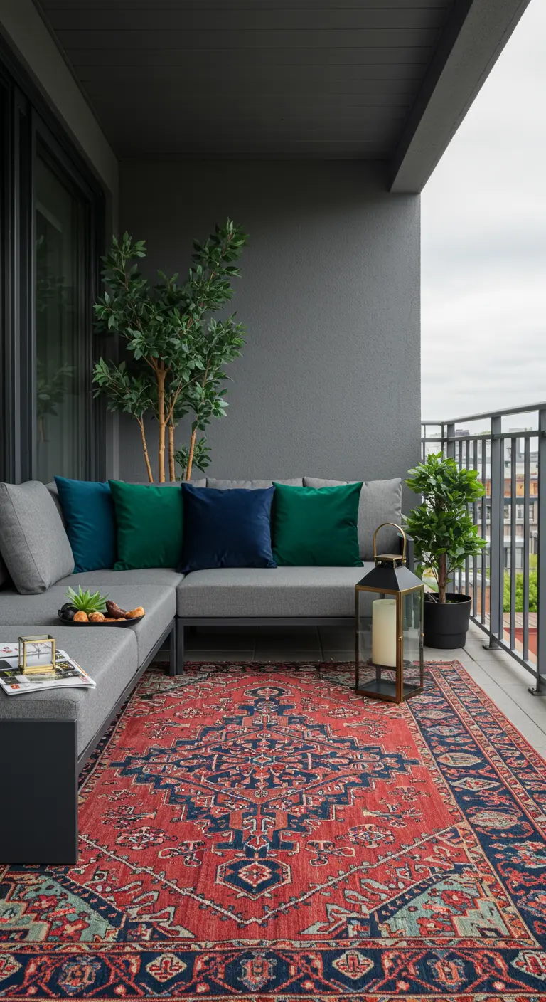 A grey outdoor sectional sofa styled with emerald and sapphire pillows on a red and blue patterned rug.