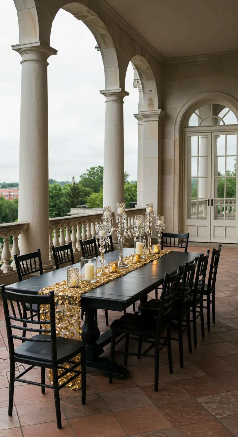A long black dining table on a veranda, decorated with a gold sequin runner and candelabras.