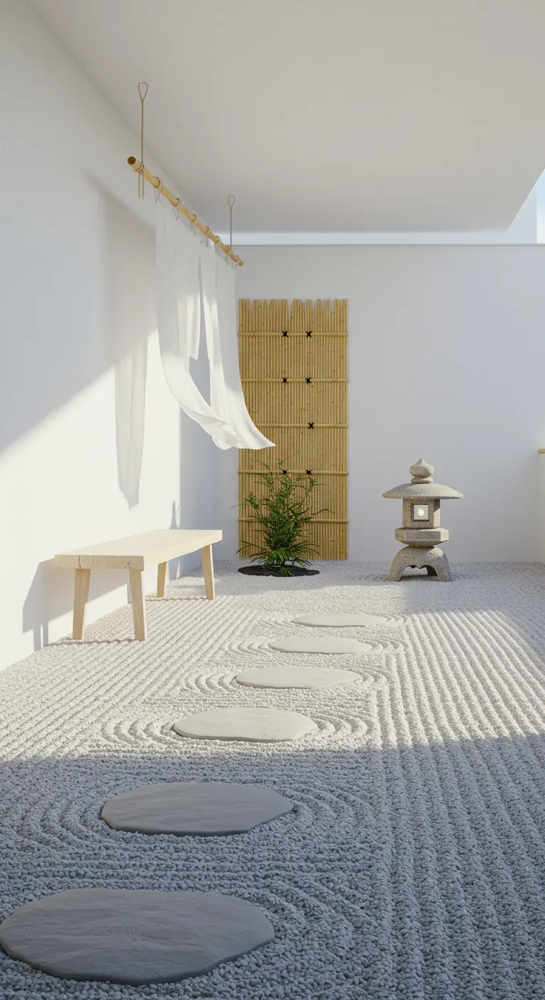 A minimalist Zen garden with raked white gravel, stepping stones, and a stone lantern.