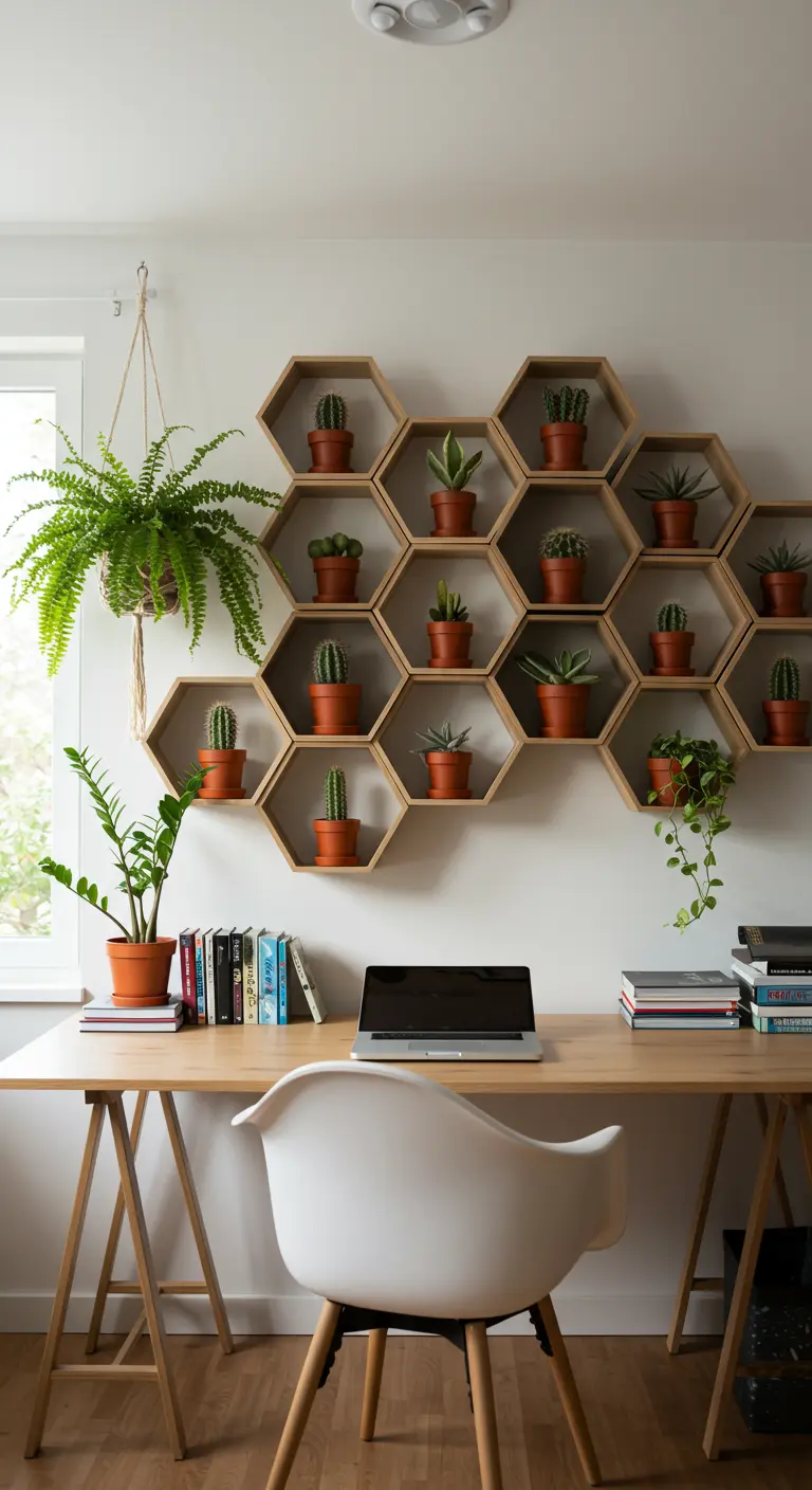 Home office with a large honeycomb shelf unit on the wall displaying small potted cacti.